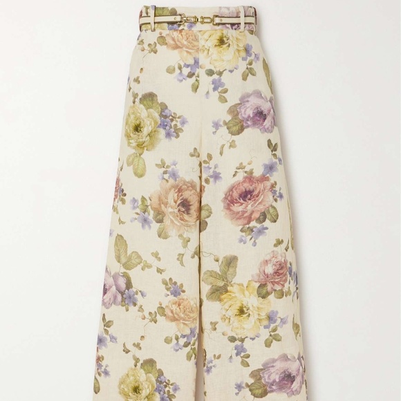 ZIMMERMANNBelted Floral-Print Linen Wide-Leg Pants BNWT AU 4 US Size 12